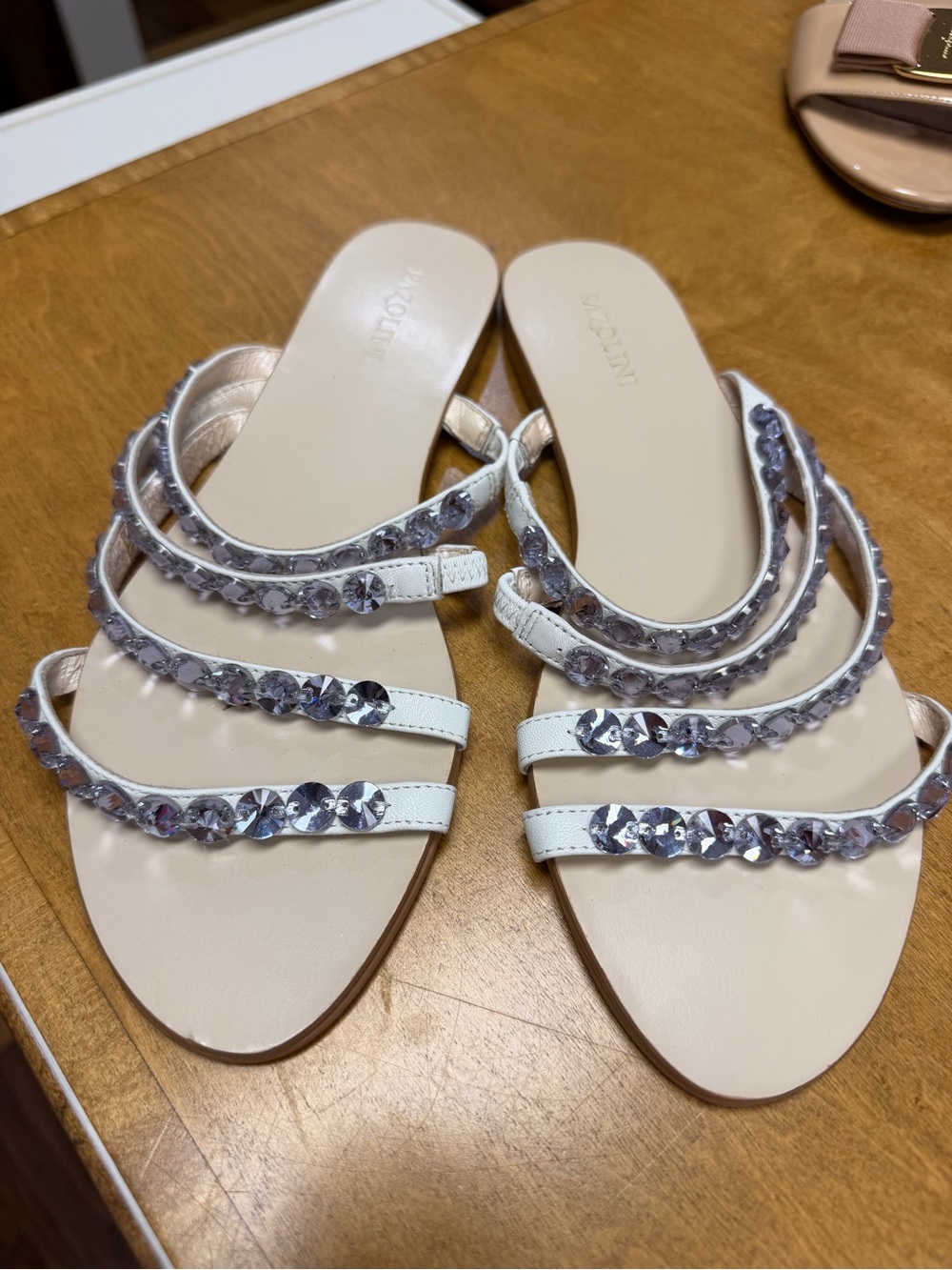PAZZO White Crystal-Strap Slide Sandals